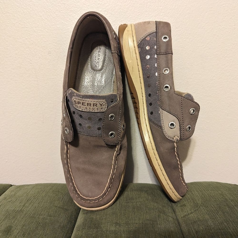 Sperry Gray Leather Boat Shoes Loafers Moccasins Polka Dot Print Womens 10 No la